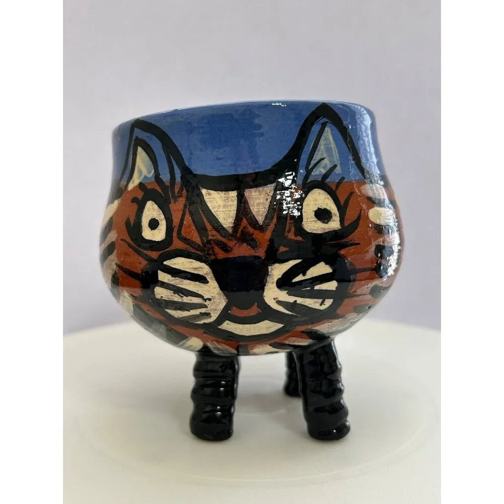 Handmade Pottery Cat Mug Sculpted Legs & Handle Blue Brown Black Whimsical Fun - Picture 1 of 9